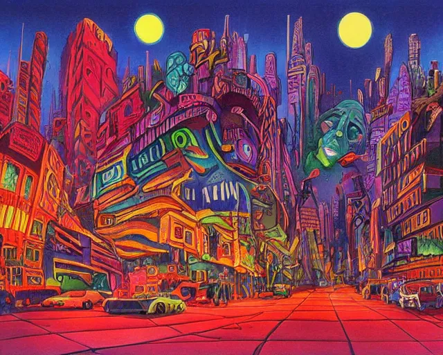 Prompt: surreal colorful nightmarish cityscape, artwork by ralph bakshi