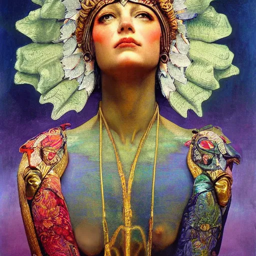 Prompt: goddess of the future city, by Annie Swynnerton and Diego Rivera and Tino Rodriguez and Maxfield Parrish, elaborate headdress and embroidered velvet, iridescent beetles, rich color, dramatic cinematic lighting, extremely detailed