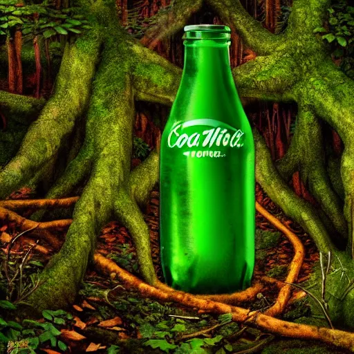 Prompt: a green eldritch coke bottle in an overgrown forest viewed from the sky by Marek Okon, god rays, fantasy art, 4k, HDR, photorealistic, 8k, trending on artstation