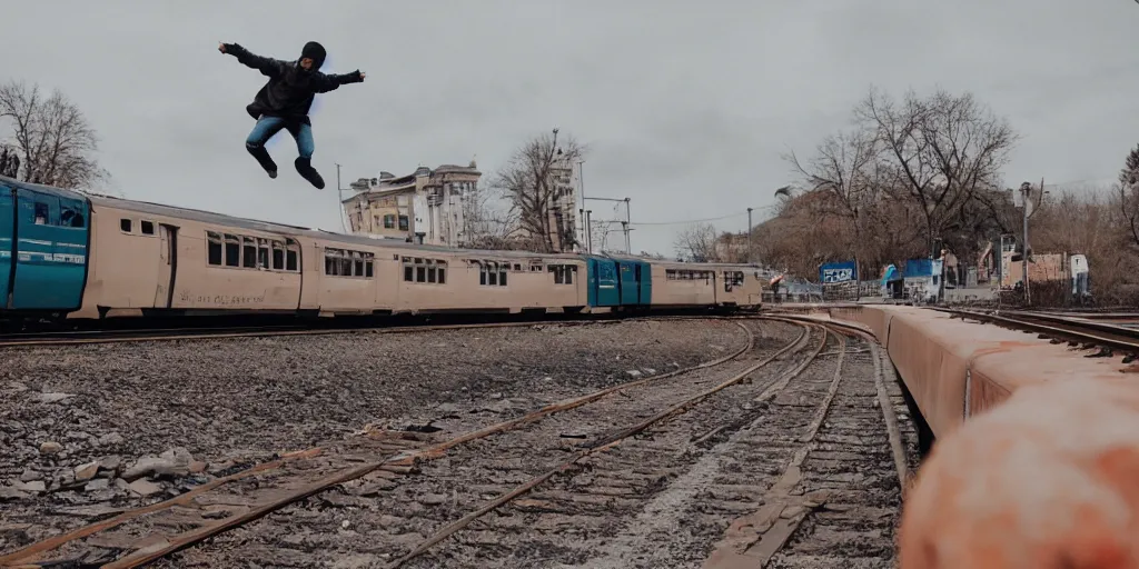 Image similar to a wide shot angle photography of a person jumping into a moving train