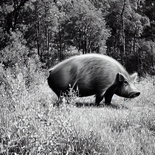Prompt: massive wild hog emerging from vegetation, colorado, film grain, specular highlights, classified, 3 5 mm lens, government archive photograph