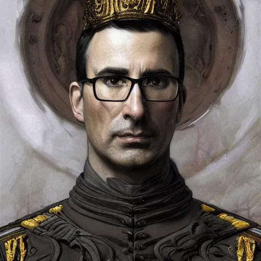 Image similar to portrait of stoic king john oliver, full body, military uniform, muscular, fantasy, intricate, elegant, beautiful, highly detailed, centered, dark, smokey, digital painting, artstation, concept art, smooth, sharp focus, illustration, art by artgerm and greg rutkowski and alphonse mucha