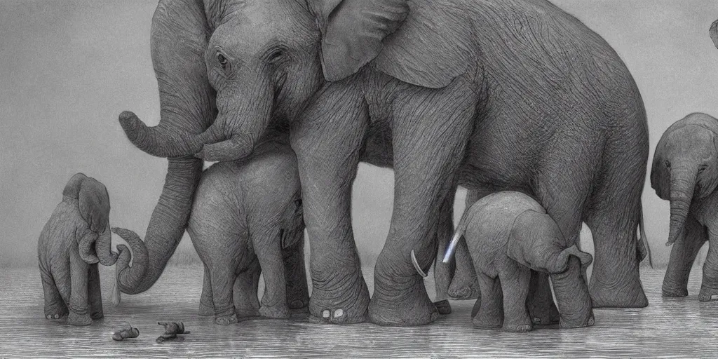 Prompt: two adult elephants comfort a baby elephant, illustration, detailed, smooth, soft, cold, by Adolf Lachman, Shaun Tan, Surrealism