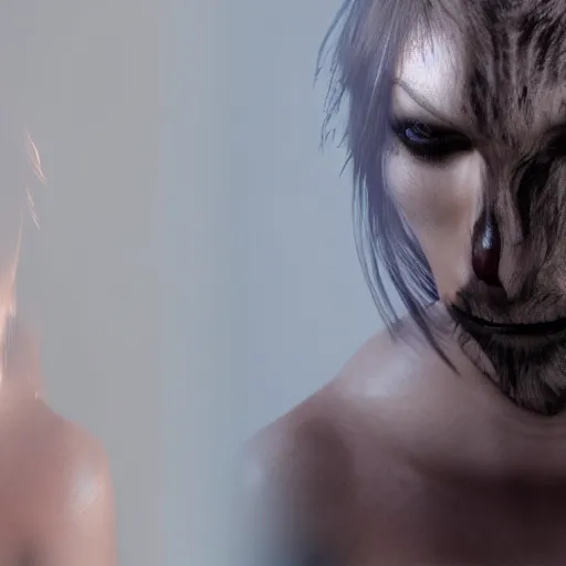 Image similar to woman transforming into a female werewolf at night with black realistic fur, ultra detail, unreal engine, 8 k