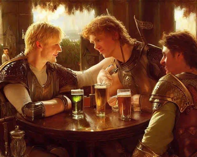 Image similar to attractive arthur pendragon and attractive lancelot go to a pub together to have some drinks. highly detailed painting by gaston bussiere, craig mullins, j. c. leyendecker 8 k