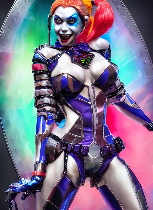 Prompt: Harley Quinn as a Decepticon designed by Hajime Sorayama and Shōji Kawamori, utlra-detailed rendering, many small details, laughing, colorful, artstation trending, conceptart.com