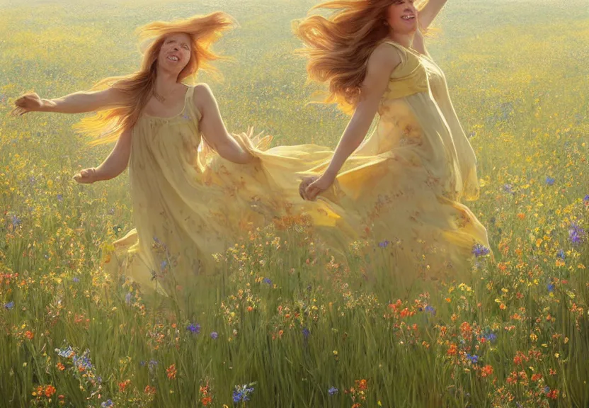 Prompt: a happy woman with copper hair and a flowing yellow sundress dancing in a field of wildflowers, with cute - fine - face, pretty face, realistic shaded perfect face, fine details by realistic shaded lighting poster by artstation, concept art, smooth, sharp focus, illustration, art by artgerm and greg rutkowski and alphonse mucha