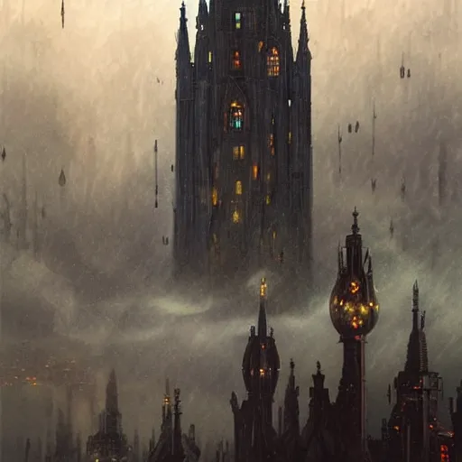 Image similar to an ultra detailed tarot card of a lonely and impossibly tall ominous gothic dark tower elevated high above the city, in a river elevated high above the city, fantasy capital city, ultrawide lense, aerial photography, scary thunderstorm, light fog, volumetric lighting, exquisite detail, 8 k, art by greg rutkowski and alphonse mucha