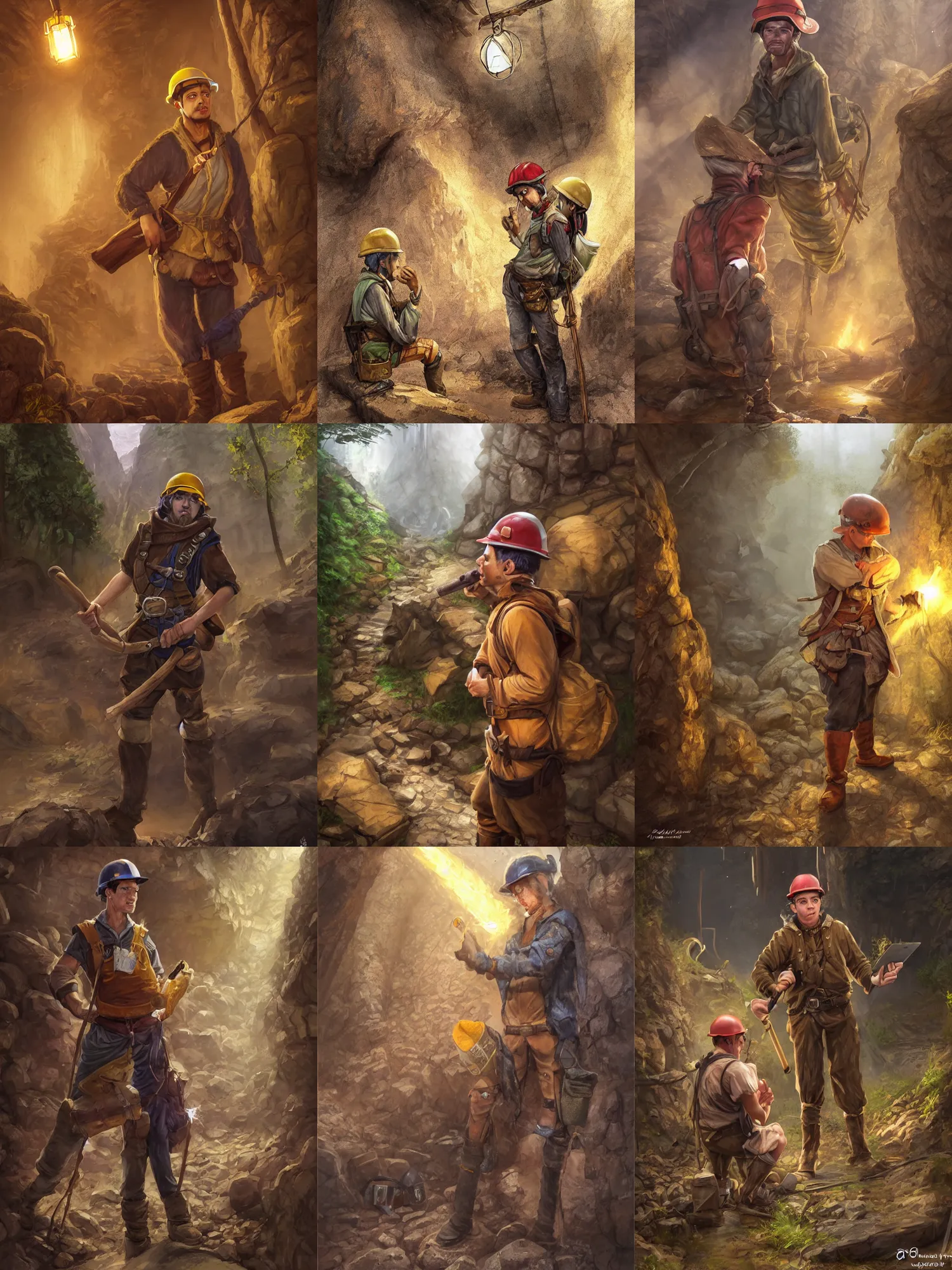 Prompt: picture of male miner young elf outside gold mine's entrance, burly, work clothes, security helmet, light skin, dark yellowhair, ponytail, sweat, dirty clothes, high fantasy, highly detailed, detailed faces, smooth, sharp focus, chiaroscuro, dnd, digital painting, concept art, rossdraws and moebius and jon mcnaughton