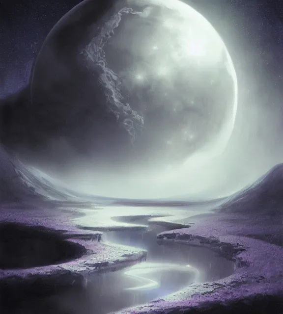 Prompt: moon melting onto earth, cinematic, elegant, white and black and blue and purple mist, highly detailed, psychedelic, digital painting, artstation, smooth, hard focus, illustration, art by jessica rossier and and brian froud