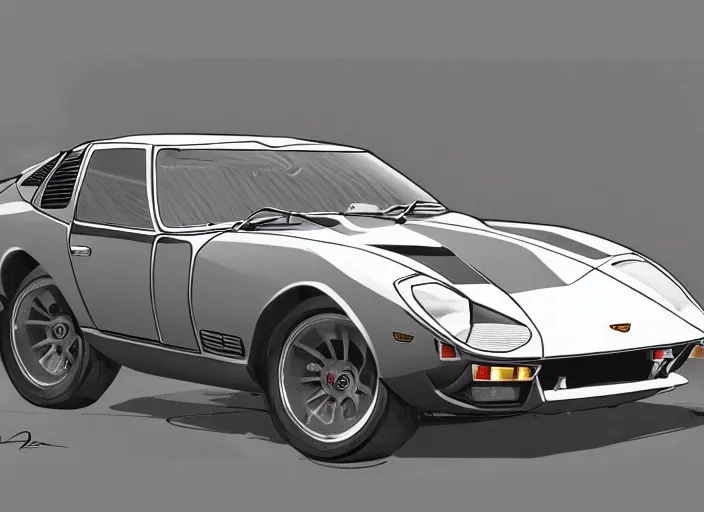 Image similar to a blending, amalgamation and detailed combination of a lamborghini countach, datsun 2 6 0 z and a jaguar e - type, concept art, round headlights, long engine bay, 8 k, highly detailed, trending on art station, dramatic lighting