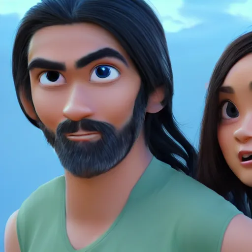 Image similar to young beautiful athletic Filipino woman with long hair standing beside a handsome caucasian athletic thin man with very short buzzed thinning hair, stubble beard on his face, blue eyes, they are posing, depicted as adult Pixar characters, high quality cg render, 4k