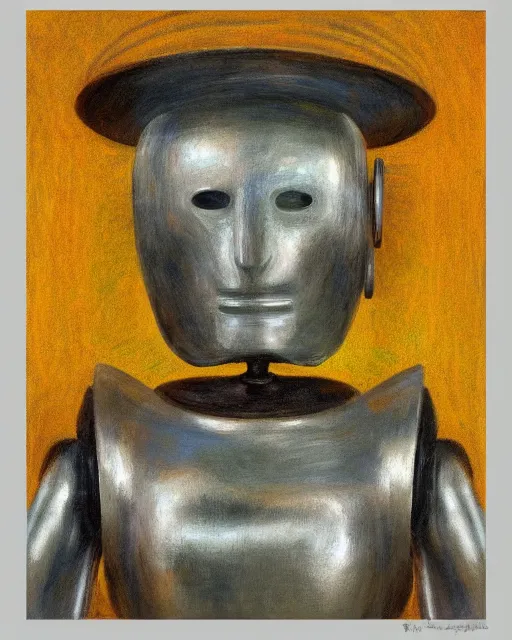 Image similar to portrait of a steel robot with metal face, in the style of Pierre-Auguste Renoir