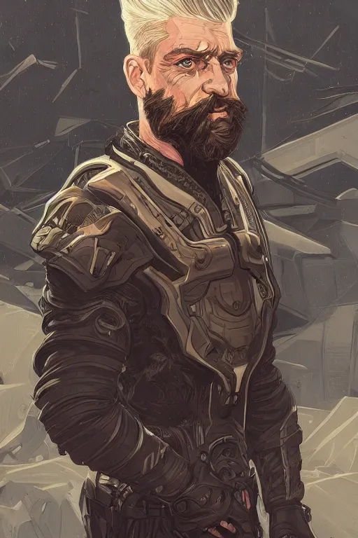Image similar to Portrait of John Brown with a beard wearing futuristic power armor, fantasy, intricate, highly detailed, digital painting, trending on artstation, sharp focus, illustration, style of Stanley Artgerm and Dan Mumford and Alphonse Mucha