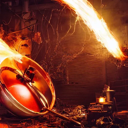 Image similar to red hot frying pan with bacon, tangles of metallic cables, dark messy smoke - filled cluttered workshop, dark, dramatic lighting, orange tint, sparks, plasma charges, cinematic, highly detailed, sci - fi, futuristic, movie still