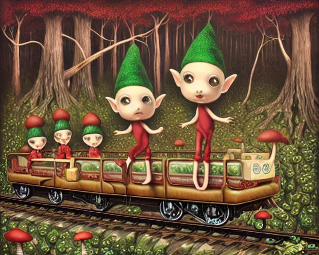 Image similar to detailed mushroom elves riding train in a dark mysterious forest by mark ryden