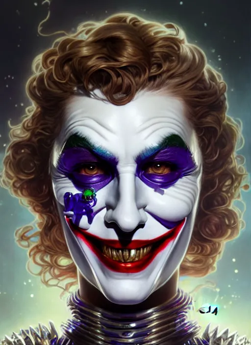 Prompt: glamorous joker, very detailed face, studio lighting, photorealism, wearing futuristic armor , portrait by Magali Villeneuve and Steve Argyle,Livia Prima,Mucha,dress,fantasy art,beautiful,artstation,trending on artstation,intricate details,alluring,masterpiece