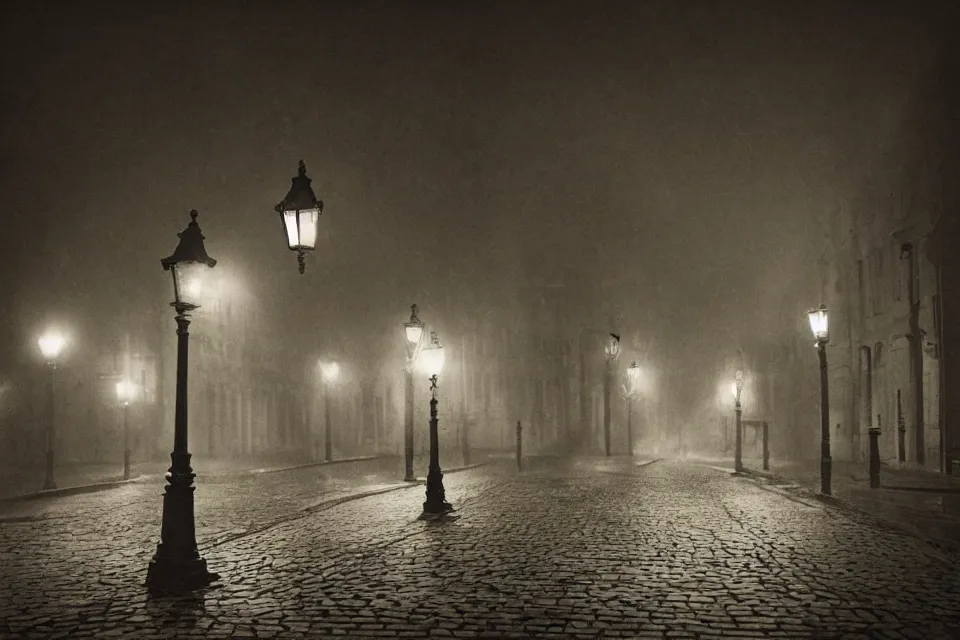 Prompt: wet plate photograph, empty night along cobblestone street in vienna, night time, alone, lamplight, victorian era, depth of field, very detailed, fog, highly accurate, intricate