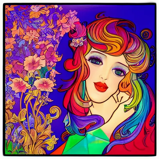 Image similar to a beautiful day, painted by lisa frank and alfons mucha collaboration