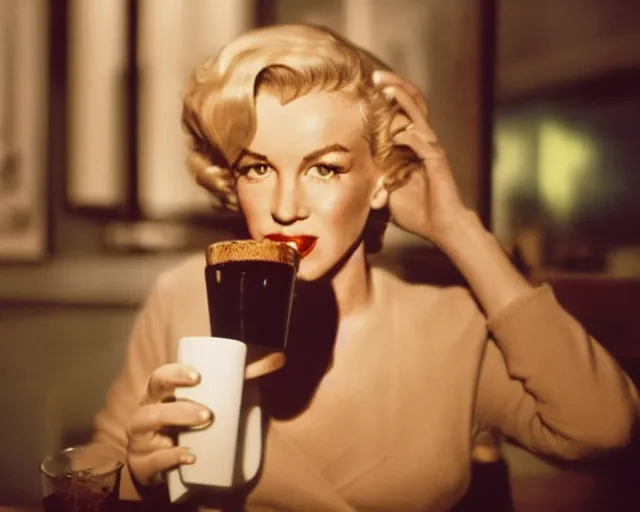 Image similar to A close-up, color cinema film still of a marlin monroe drinking coffee at a starbucks, ambient lighting at night.