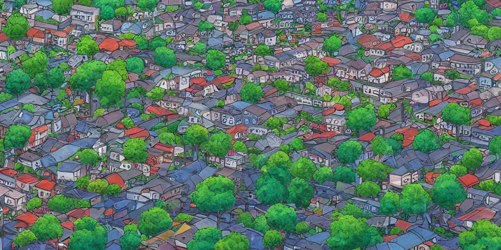 Prompt: beautiful rainy - day view of a town from a hill, award - winning digital art, anime