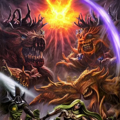 Image similar to The Dark Versus Light, Good Versus Evil, Mystical Monsters battling on the battleground of the eternal source of destruction.