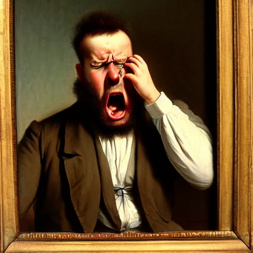 Image similar to an angry man yells at his computer monitor, oil on canvas, 1 8 8 3, highly detailed