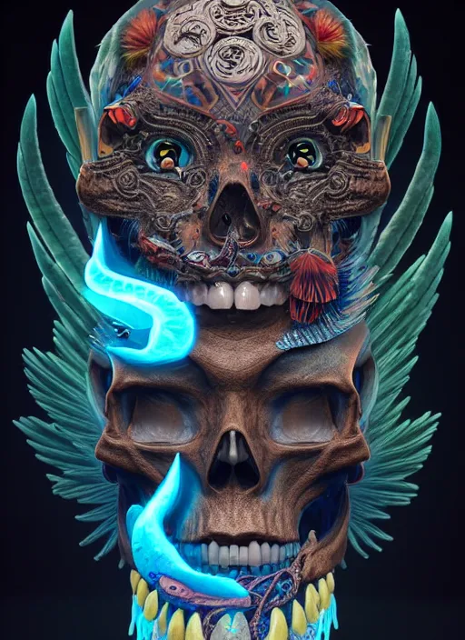 Image similar to 3 d shaman with tattoos profile portrait, sigma 5 0 0 mm f / 5. beautiful intricate highly detailed quetzalcoatl skull and feathers. bioluminescent, plasma, lava, ice, water, wind, creature, thunderstorm! artwork by tooth wu and wlop and beeple and greg rutkowski, 8 k trending on artstation,