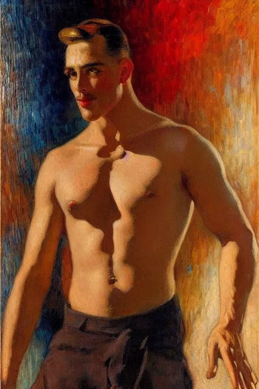 Image similar to attractive man, futurism, painting by gaston bussiere, tom of finland