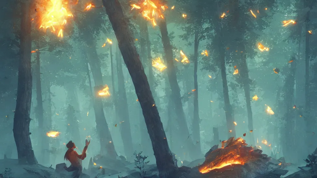 Prompt: large glowing flaming green crystal fragments falling from the sky, landing on top of a burning forest, by sylvain sarrailh, rossdraws, ambient light, ultra detailed, fantasy artwork, 8 k, volumetric lighting, trending on artstation, award winning, beautiful scenery, very beautiful.