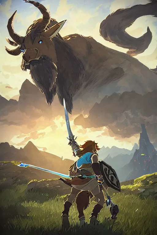 Image similar to a lynel of from the legend of zelda breath of the wild, breath of the wild art style.