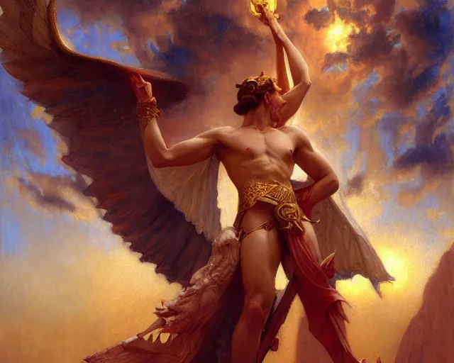 Image similar to attractive pagan male deity, summoning handsome lucifer morning star. highly detailed painting by gaston bussiere, craig mullins, j. c. leyendecker 8 k