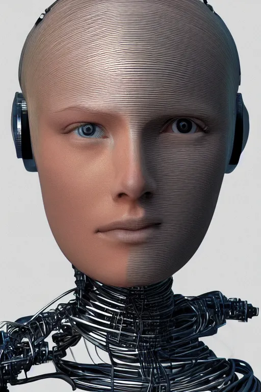 Image similar to robot with human face, female head, full body angle, woman human face, human face realistic, beautiful blonde hair, human head, human head with blonde hair, blonde hair human head, blonde hair, human realistic face, human head skin, cyborg frame concept, cyborg by ales-kotnik, sci-fi android female, the body is made of wires, robotic body, cyborg body, cyborg bust body, robot body cyborg, full body