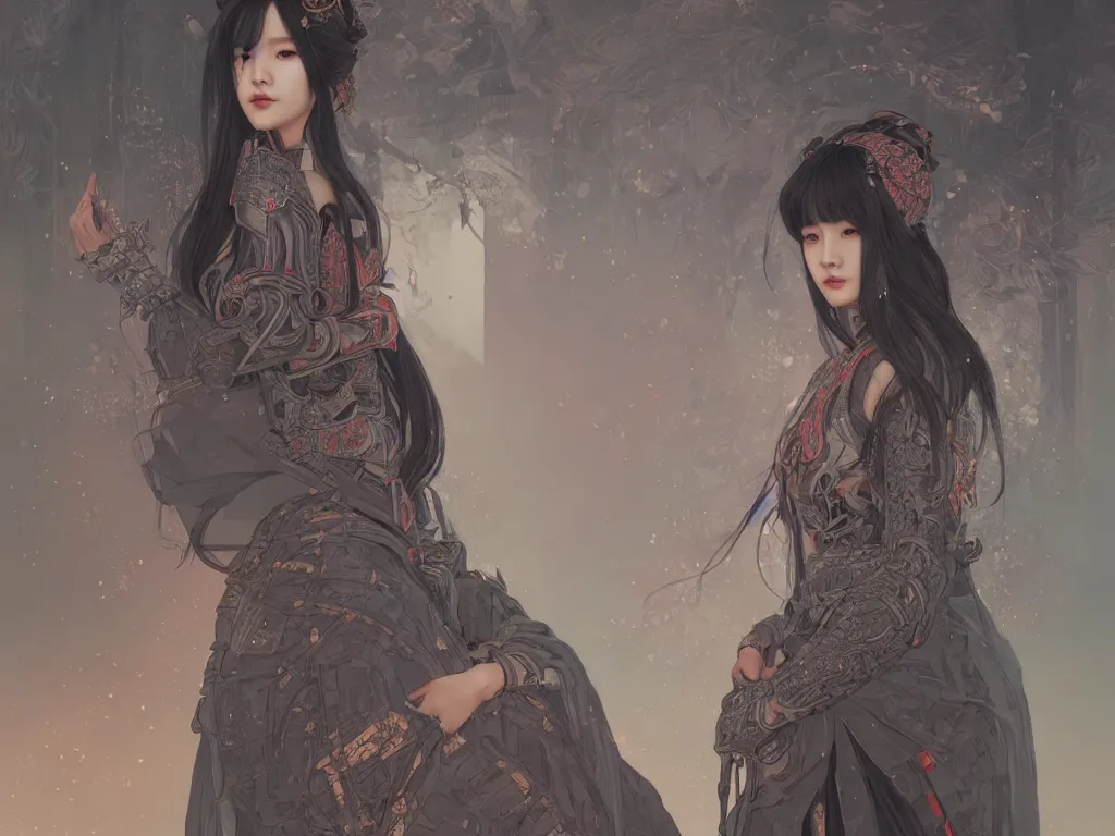 Image similar to portrait jisoo blackpink, grey hair armored samurai clothes, in fire japanese temple wet night, ssci - fi and fantasy, intricate and very very beautiful and elegant, digital painting, artstation, concept art, smooth and sharp focus, illustration, art by tian zi and wlop and alphonse mucha