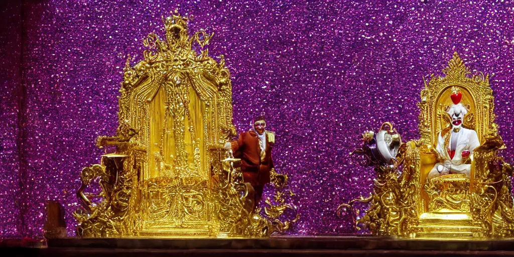 Image similar to shining majestic throne made of millions of diamonds, gold and zaphires with thousands of light reflections, and a stupid clown on a suit is sitting on the throne while handing a globe, 4 k