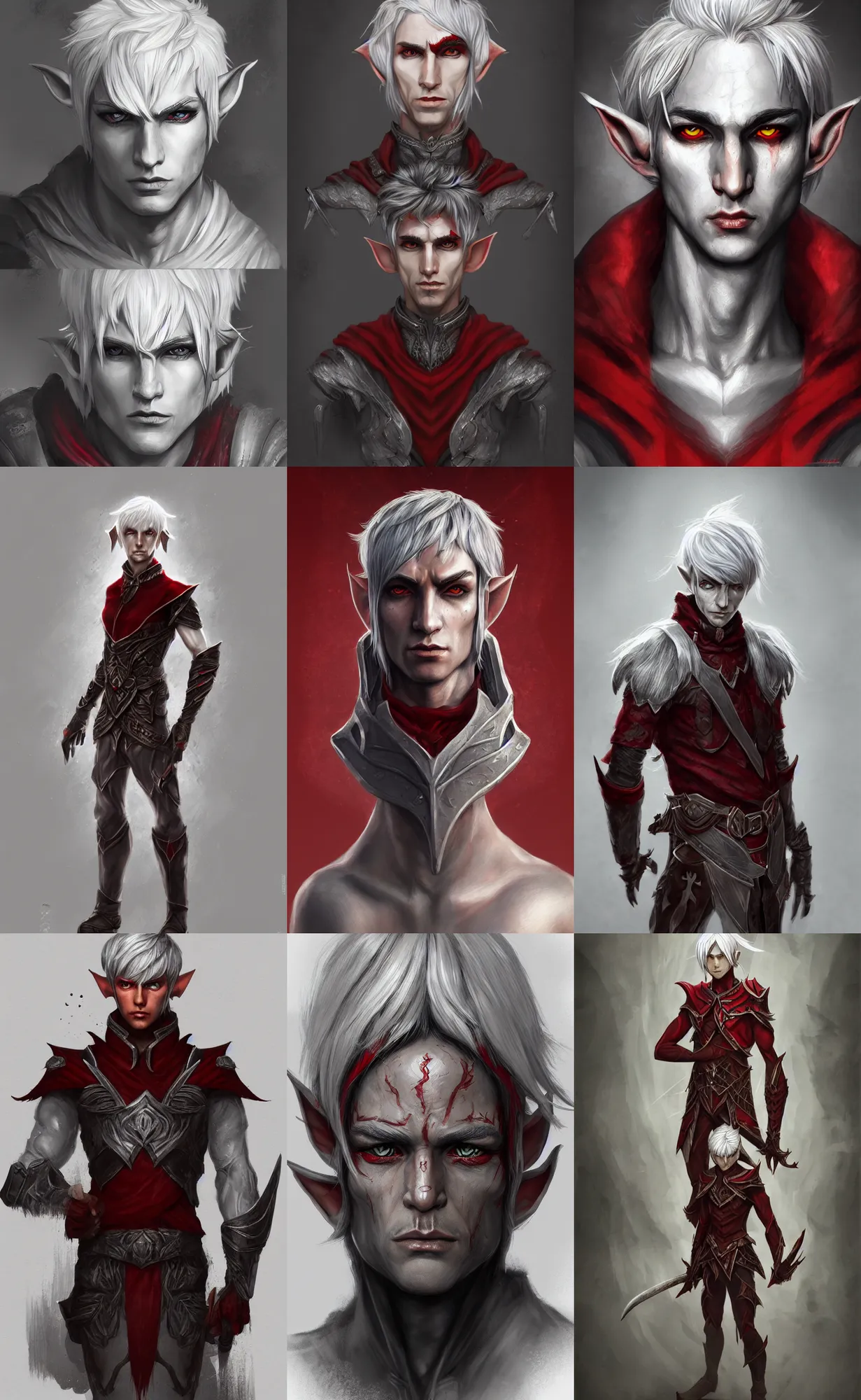 Prompt: A full body illustration of a male elf, silver hair, red eyes, attractive, command presence, royalty, weathered face, gritty, hard shadows, smooth, illustration, concept art, highly detailed, ArtStation, ArtStation HQ