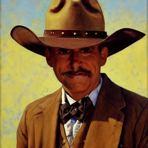 Image similar to portrait illustration of a man, cowboy hat, portrait, , wild west, fantasy, highly detailed, oil painting, illustration, art by Charles E. Chambers, J. C. Leyendecker and norman rockwell. Trending face portrait paintings