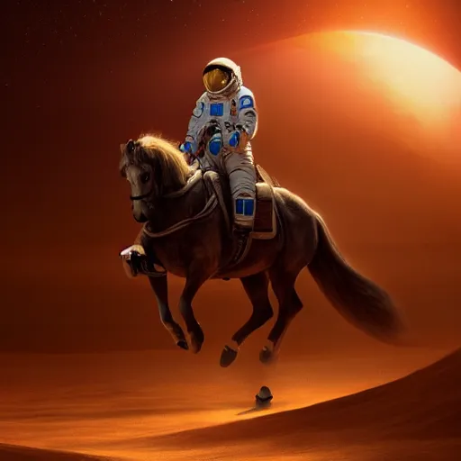 Image similar to centered portrait of the astronaut riding a horse in Mars, realistic character concept, high fantasy, light atmosphere, golden ratio, wide shot, cinematic lighting, hyperdetailed, high detailed, high resolution, insanely detailed and intricate, artstation, Marc Simonetti, Greg Rutkowski, octane render, unreal engine, 8k