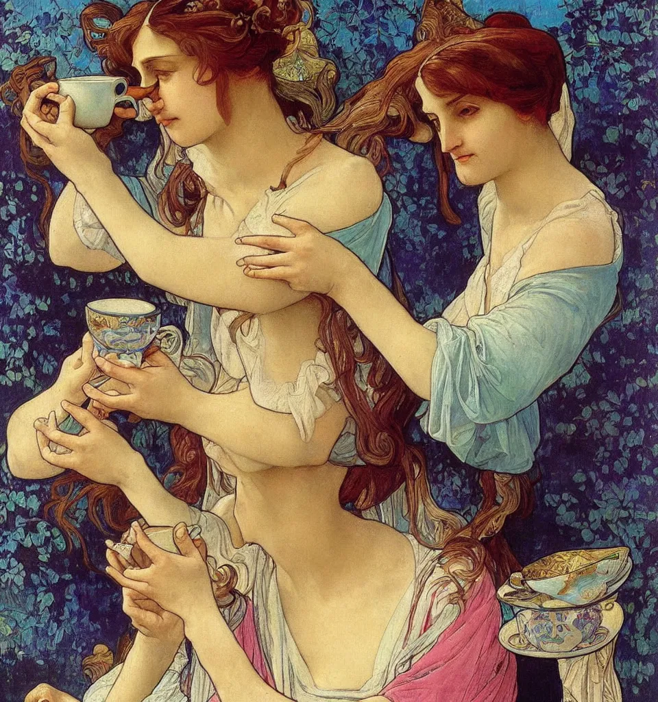 Image similar to a beautiful arrogant surreal greek lady drinking tea looking disdained, rennaisance painting, whimsical, pastel color palette, by leonardo da vinci and alphonse mucha