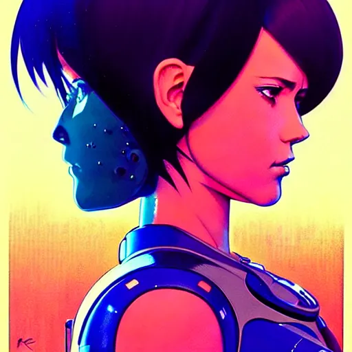 Image similar to side portrait scifi cyborg girl with robotic parts and spacesuit | | head only in center of image, audrey plaza, fine detail!! anime!! realistic shaded lighting!! poster by ilya kuvshinov katsuhiro otomo ghost - in - the - shell, magali villeneuve, artgerm, jeremy lipkin and michael garmash and rob rey