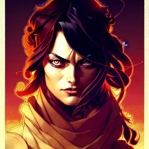 Image similar to artgerm, joshua middleton comic cover art, pretty pirate phoebe tonkin smiling, full body, symmetrical eyes, symmetrical face, long curly black hair, on a pirate ship background, warm colors