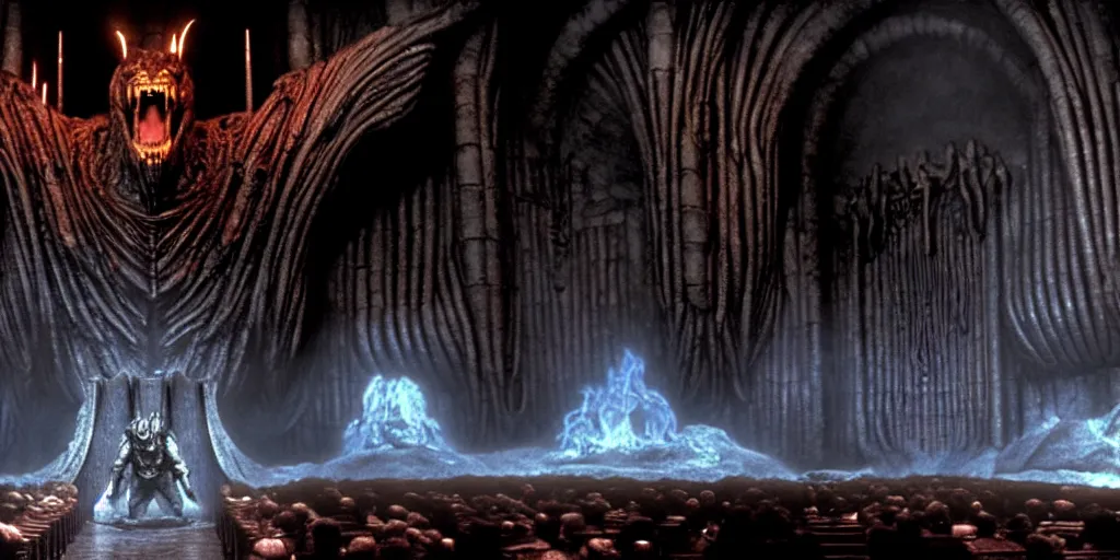 Prompt: huge balrog in the great hall of moria, columns along both sides of the great hall, balrog is breathing fire, style of h. r. giger, cinematic, movie still, cgi, directed by ridley scott