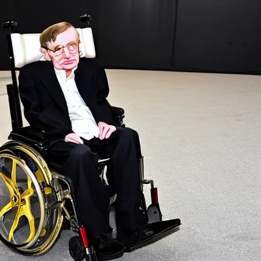 Prompt: Stephen Hawking with a gold wheelchair, flashy photography,