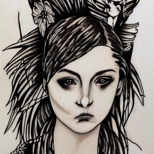 Image similar to tattoo design of a beautiful girl face, above the girls head there is a tiger head, hyper detailed, in the design of eliot kohek