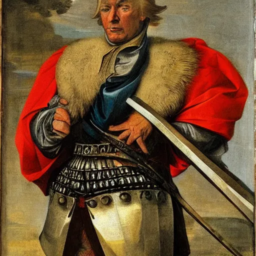 Image similar to donald trump, donald trump, wearing knight ’ s armor, holding a spectacular broadsword, by annibale carracci, two arms, two legs, donald trump ’ s face, donald trump, symmetrical face, highly detailed face, perfect face