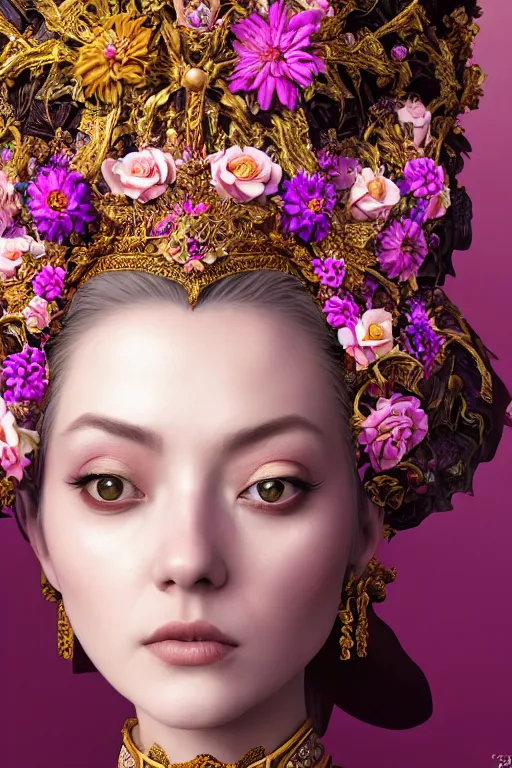 Image similar to a beautiful empress portrait, with a brilliant, impossible striking big flower headpiece, clothes entirely made out of flowers, symmetrical, dramatic studio lighting, rococo, baroque, jewels, asian, hyperrealism, closeup, D&D, fantasy, intricate, elegant, highly detailed, digital painting, artstation, octane render, 8k, concept art, matte, sharp focus, illustration, art by Artgerm and Greg Rutkowski and Alphonse Mucha