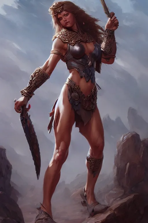 Image similar to goddess of war, accurate anatomy, athletic body, highly detailed, digital painting, artstation, concept art, smooth, sharp focus, illustration, Unreal Engine 5, 8K, art by art by artgerm and greg rutkowski and edgar maxence and Boris Valejo