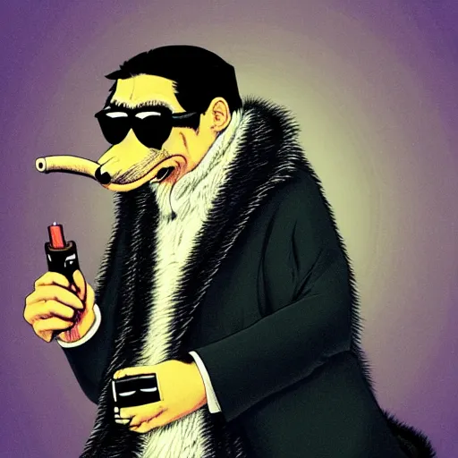 Prompt: an anthropomorphic gangster rat, by akihito yoshida, smoking a big cigar, wearing sunglasses, wearing a luxury fur coat