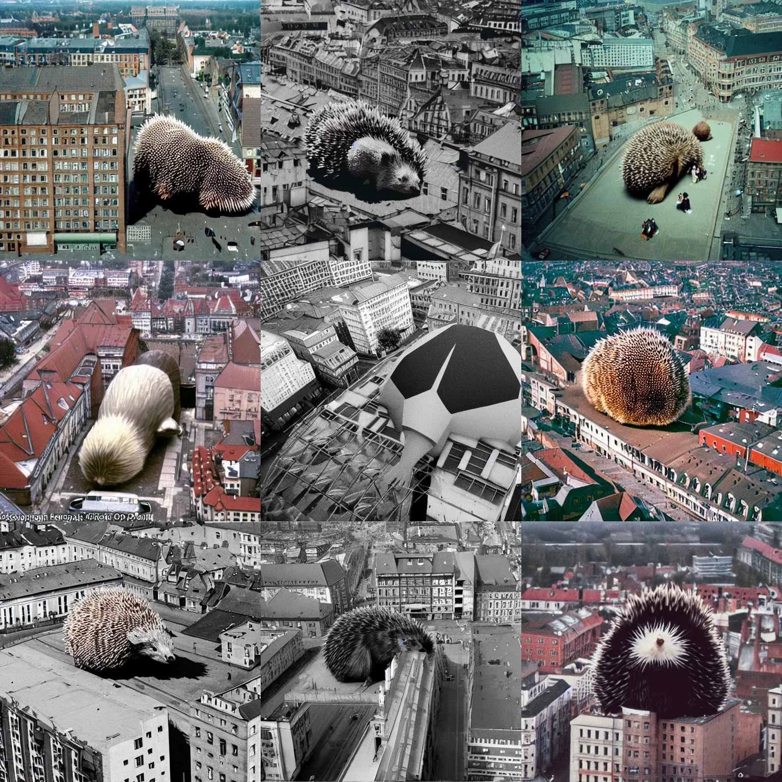 Prompt: in empty!!!! legnica , oversized giant hedgehog , film still, very high view