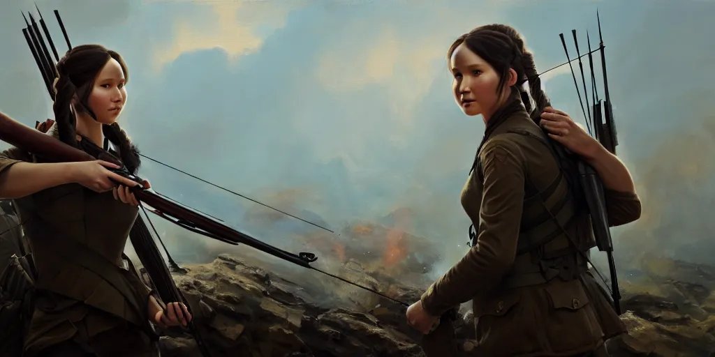 Prompt: katniss everdeen during the gallipoli campaign, world war 1, extremely detailed digital painting, in the style of fenghua zhong and ruan jia and jeremy lipking and peter mohrbacher, mystical colors, rim light, beautiful lighting, 8 k, stunning scene, raytracing, octane, trending on artstation